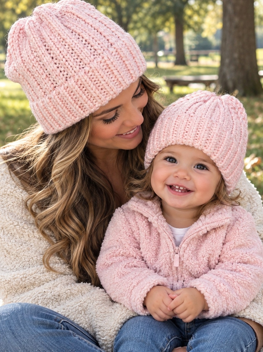 Cozy Pink Knit Mommy and Me Beanie
